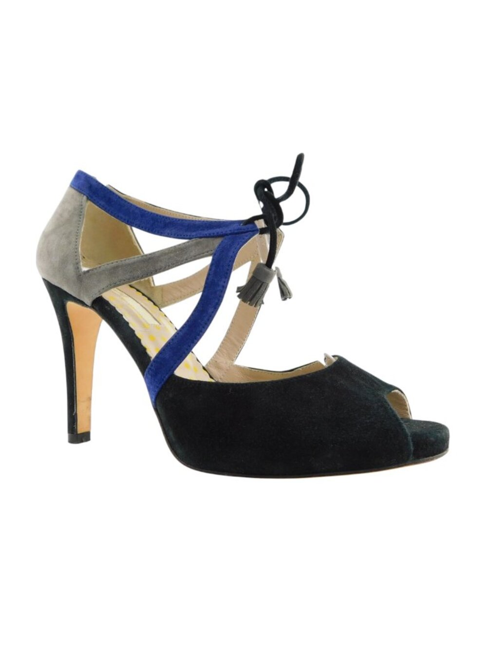 BODEN Black Gray Blue Suede Leather Tassel Tie Ankle Caged Heel Pumps 39
